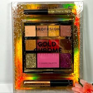 Profusion Gold Chrome Face Kit 13 Piece Eye Shadow Blush Lip Full Size NEW